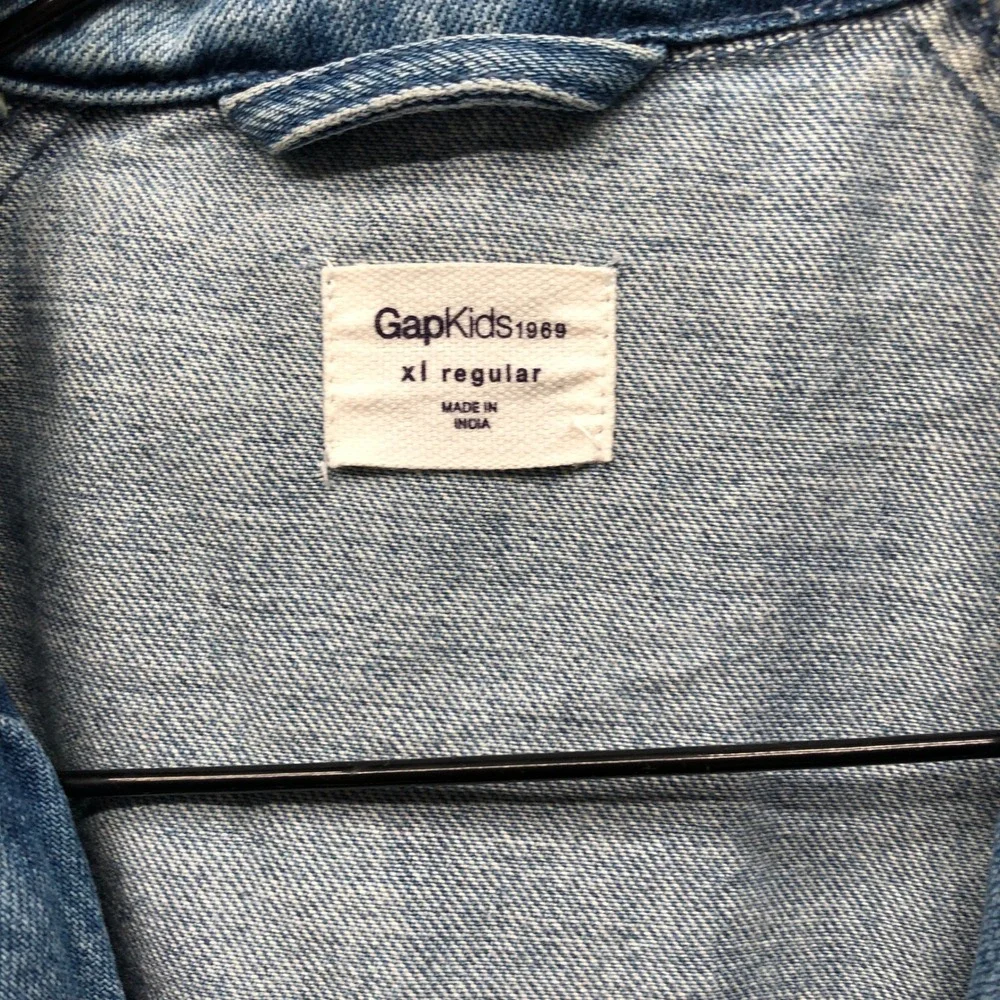 Gap Girls XL (12-13) Denim Band Jacket Double Breasted Open Front Blue‎ Military